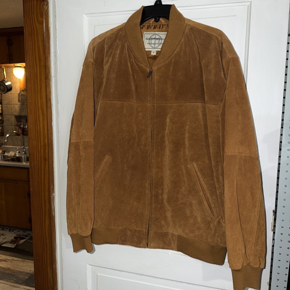 Boston Harbour Suede Leather Bomber Camel Tan Jacket Coat Mens XL Band Cuff